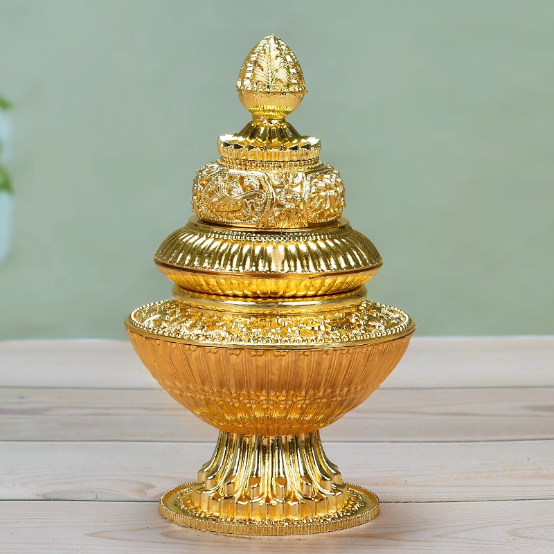 藏式米盒佛堂供品擺件寶瓶三層米盒米罐八吉祥雕刻佛堂密宗供具-細節圖4