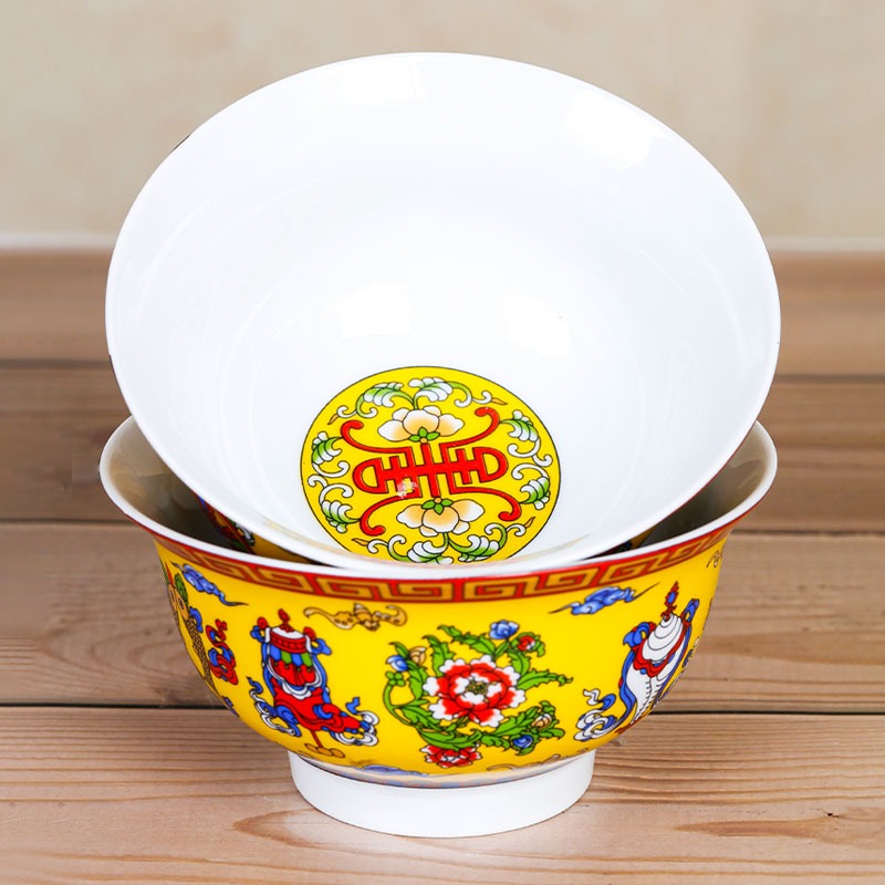 藏式陶瓷釉中彩佛教弟子飯碗八吉祥碗酥油茶碗新款5個大號-細節圖2