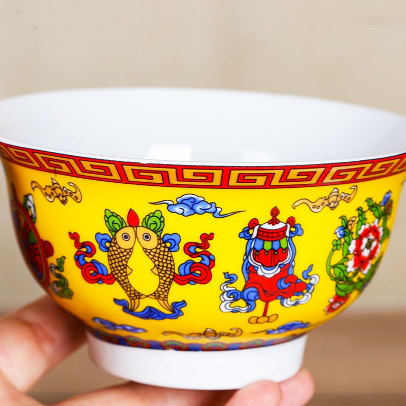 藏式陶瓷釉中彩佛教弟子飯碗八吉祥碗酥油茶碗新款5個大號-細節圖3