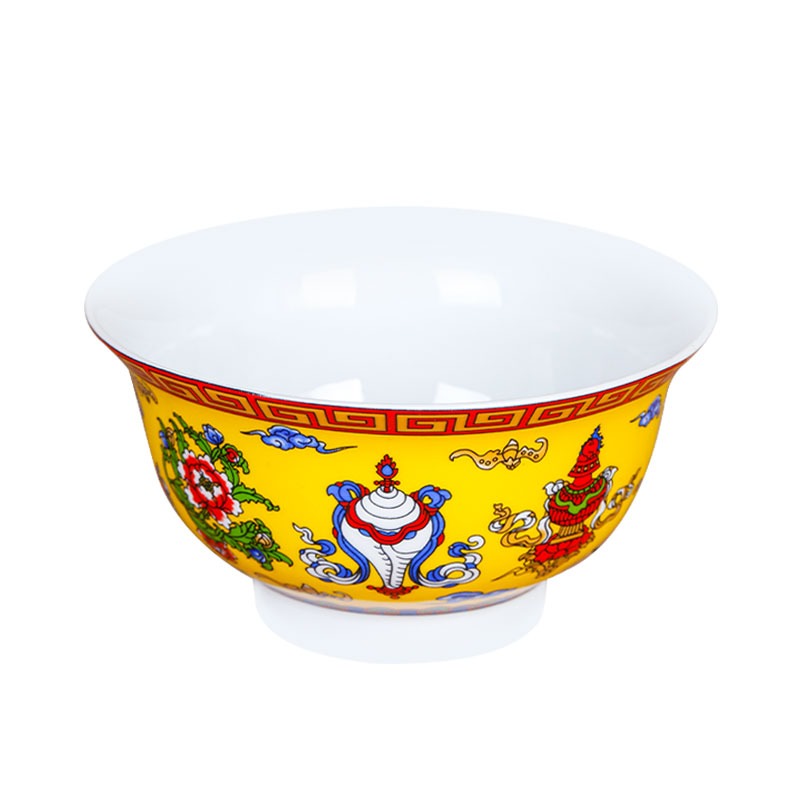 藏式陶瓷釉中彩佛教弟子飯碗八吉祥碗酥油茶碗新款5個大號-細節圖4