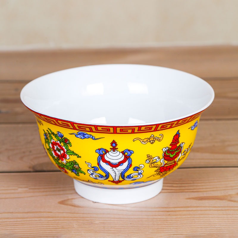 藏式陶瓷釉中彩佛教弟子飯碗八吉祥碗酥油茶碗新款5個大號-細節圖5
