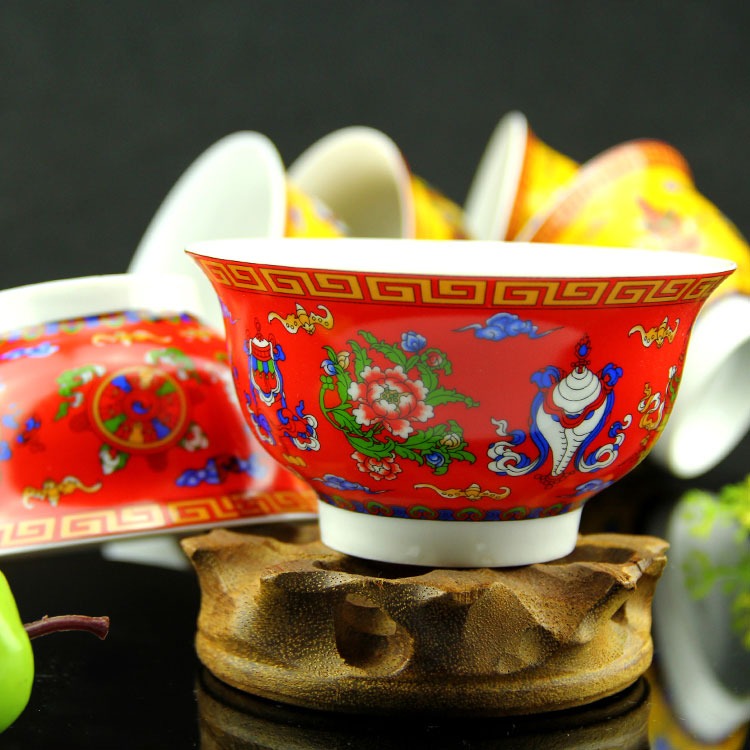 藏式陶瓷釉中彩佛教弟子飯碗八吉祥碗酥油茶碗新款5個大號-細節圖6