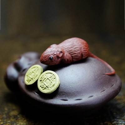 宜興紫砂茶寵雕塑聚財老鼠鼠來寶代代數錢生肖鼠錢袋鼠手工小茶玩1入 --細節圖2