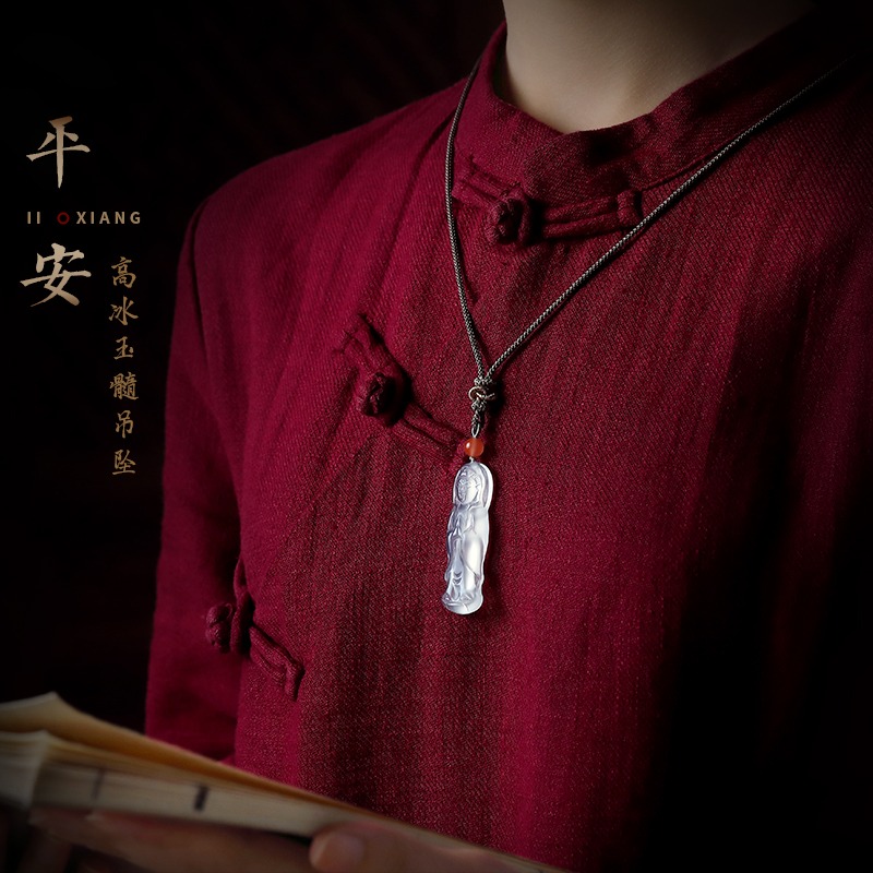 白玉髓觀音吊墜天然冰種項鏈觀世音菩薩項墜綠度母佛像毛衣鏈掛件-細節圖5
