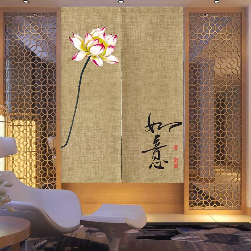 中式門簾布藝中國風掛簾客廳廚房餐廳隔斷簾免打孔臥室廁所布簾-細節圖2