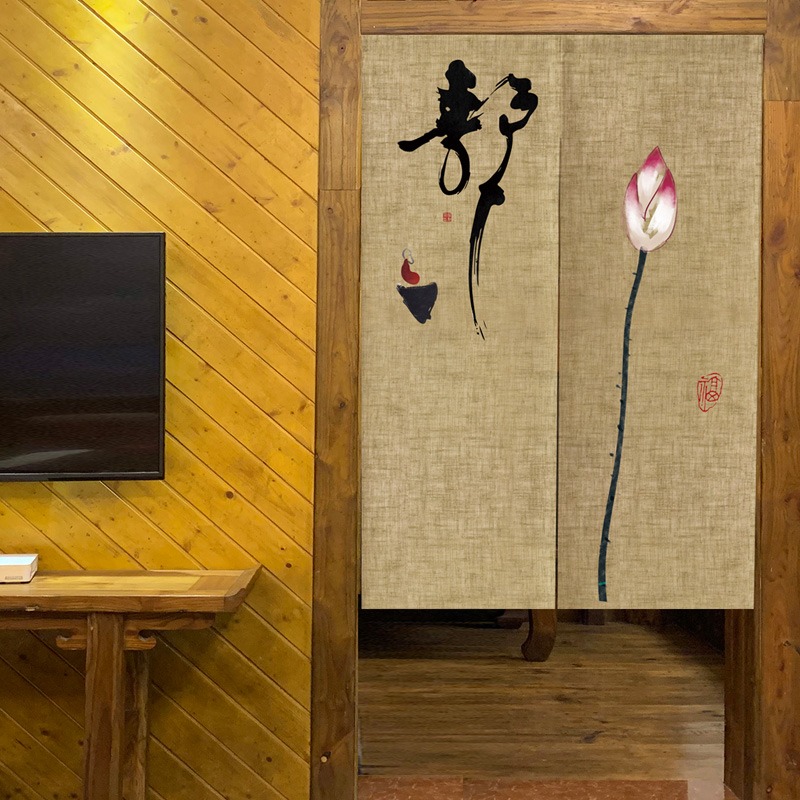 中式門簾布藝中國風掛簾客廳廚房餐廳隔斷簾免打孔臥室廁所布簾-細節圖3