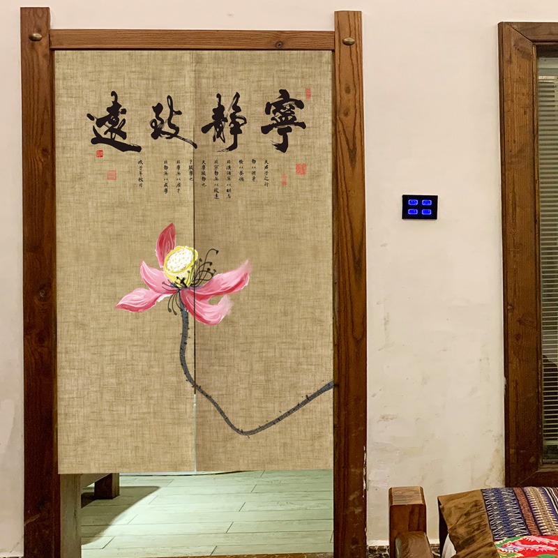 中式門簾布藝中國風掛簾客廳廚房餐廳隔斷簾免打孔臥室廁所布簾-細節圖4