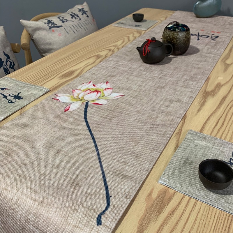 中式桌旗麻布茶旗功夫茶桌布中國風復古茶席禪意荷花佛系茶桌蓋布-細節圖3