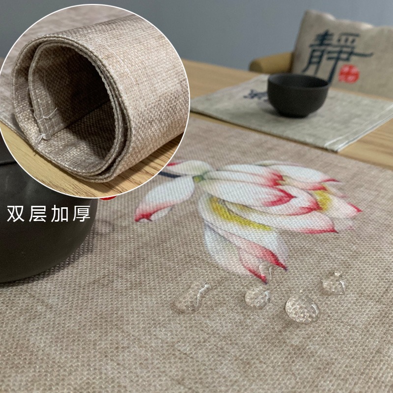 中式桌旗麻布茶旗功夫茶桌布中國風復古茶席禪意荷花佛系茶桌蓋布-細節圖4
