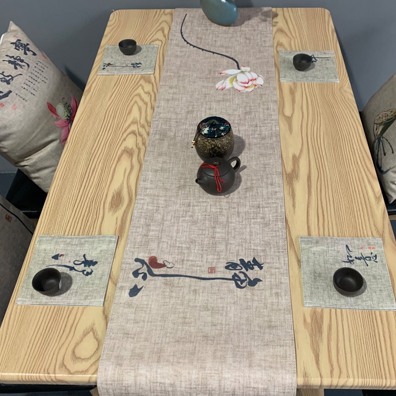中式桌旗麻布茶旗功夫茶桌布中國風復古茶席禪意荷花佛系茶桌蓋布-細節圖6