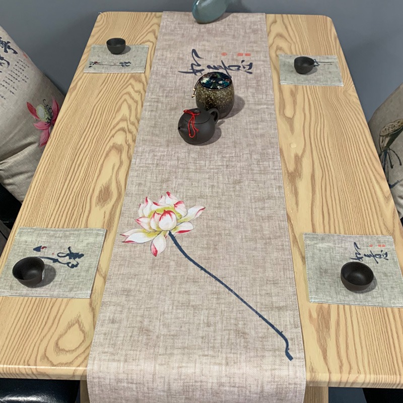中式桌旗麻布茶旗功夫茶桌布中國風復古茶席禪意荷花佛系茶桌蓋布-細節圖7