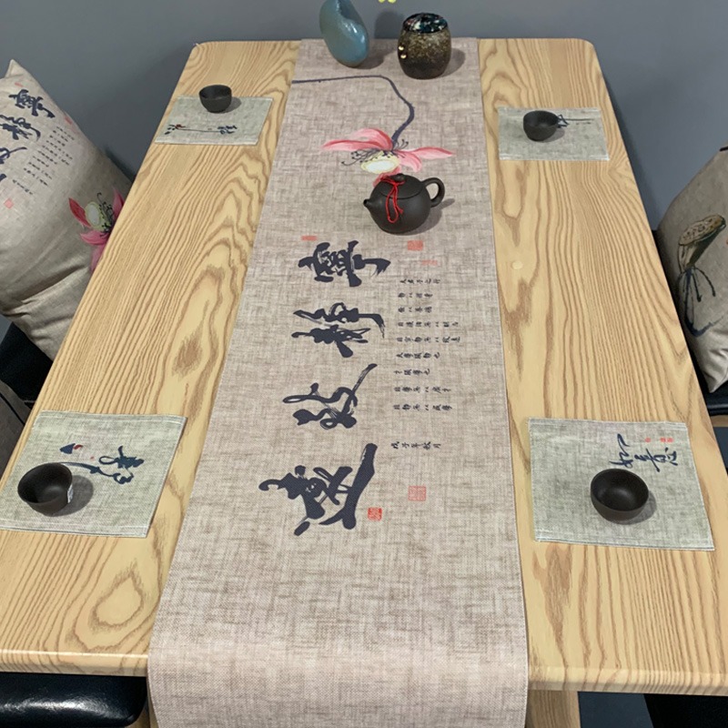 中式桌旗麻布茶旗功夫茶桌布中國風復古茶席禪意荷花佛系茶桌蓋布-細節圖8