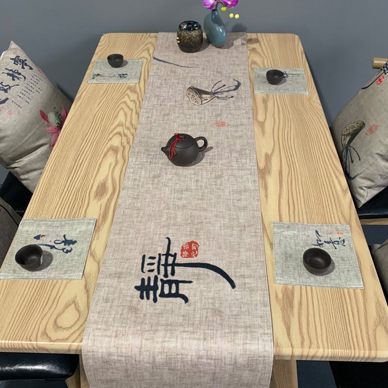 中式桌旗麻布茶旗功夫茶桌布中國風復古茶席禪意荷花佛系茶桌蓋布-細節圖9