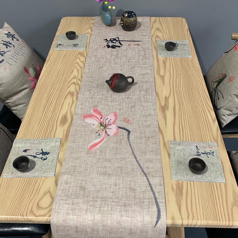 中式桌旗麻布茶旗功夫茶桌布中國風復古茶席禪意荷花佛系茶桌蓋布-細節圖10