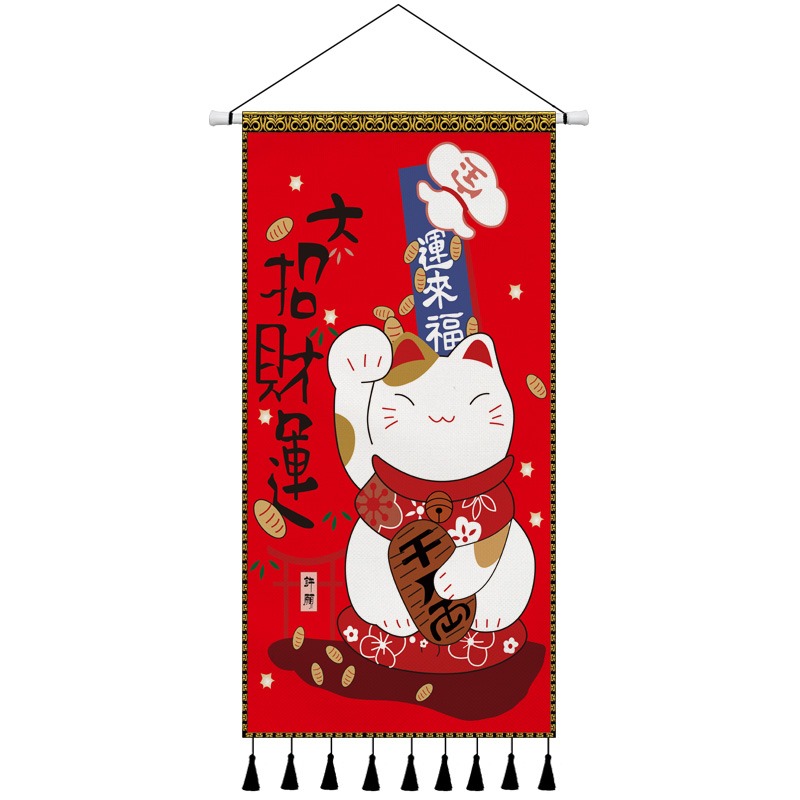 和風布藝掛畫玄關客廳背景墻裝飾畫招財貓墻畫日式掛毯掛布遮擋布-細節圖6