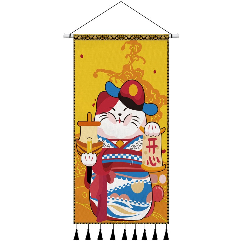 和風布藝掛畫玄關客廳背景墻裝飾畫招財貓墻畫日式掛毯掛布遮擋布-細節圖9