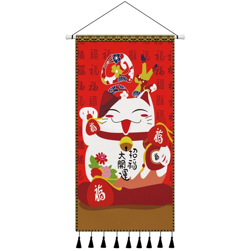 招財貓布藝掛畫玄關客廳背景墻裝飾畫民宿掛毯墻畫日式掛布遮擋布-細節圖5