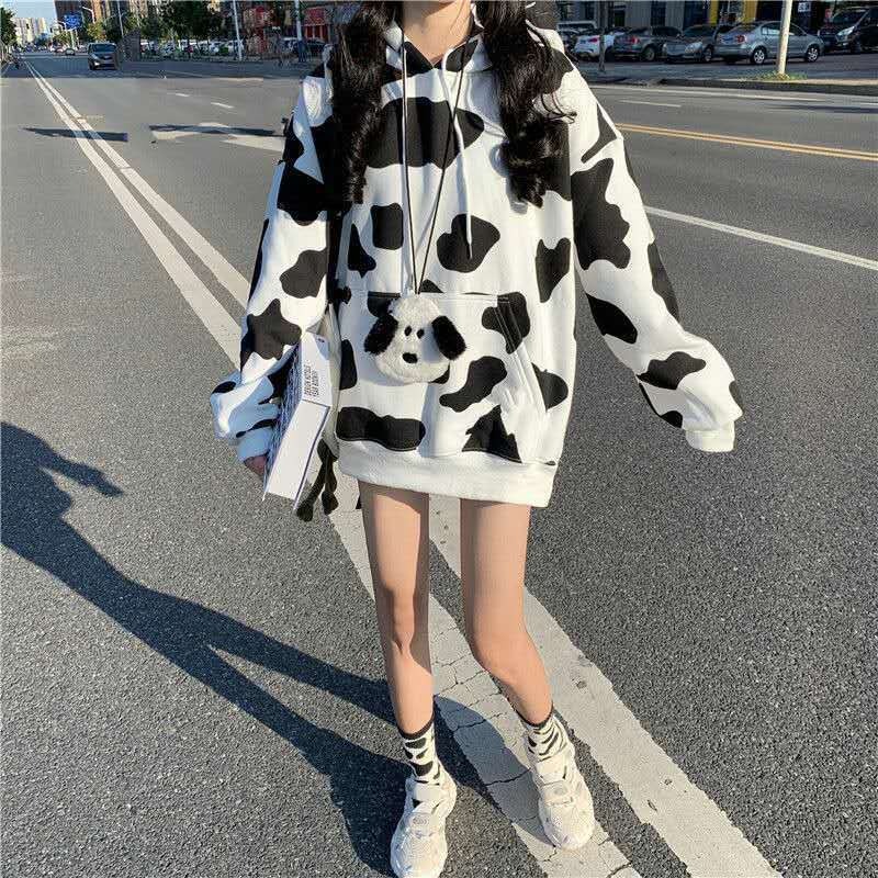 超火cec奶牛衛衣女秋冬韓版加絨加厚寬松外套ins潮學生連帽上衣服-細節圖3