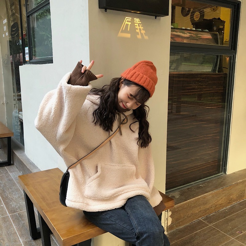 仿羊羔毛假兩件衛衣女冬季韓版寬松外套ins潮加絨加厚上衣服-細節圖2