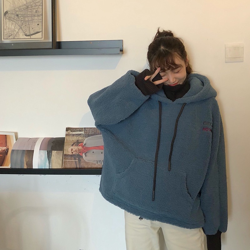 仿羊羔毛假兩件衛衣女冬季韓版寬松外套ins潮加絨加厚上衣服-細節圖3