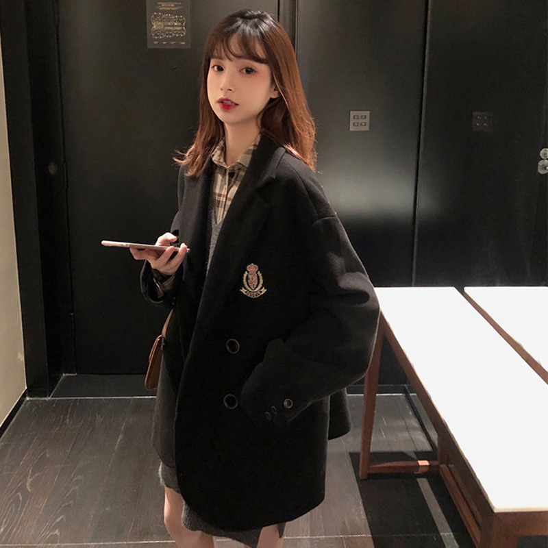 復古毛呢外套女秋冬新款學生寬松慵懶風百搭小西裝領黑色大衣-細節圖3