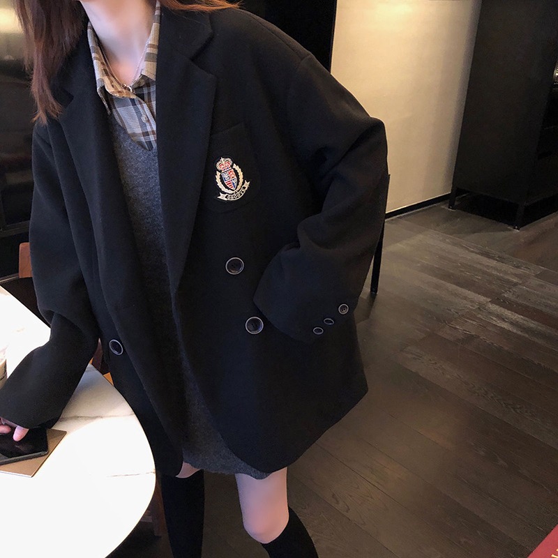 復古毛呢外套女秋冬新款學生寬松慵懶風百搭小西裝領黑色大衣-細節圖4
