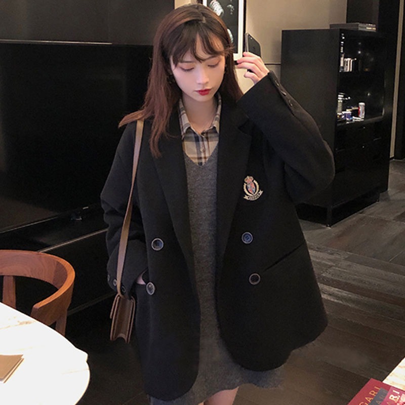 復古毛呢外套女秋冬新款學生寬松慵懶風百搭小西裝領黑色大衣-細節圖5