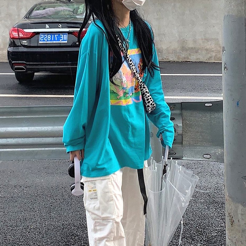 ins超火長袖t恤女上衣春秋寬松韓版潮慵懶風bf港味學生百搭打底衫-細節圖2