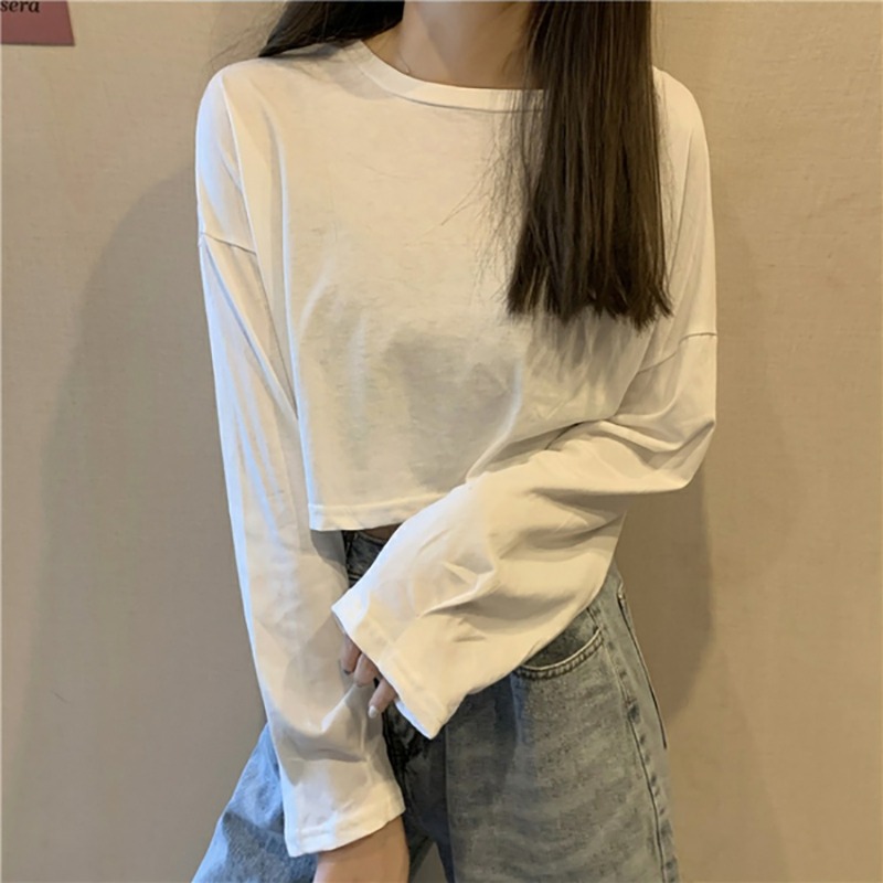 泫雅風chic短款長袖t恤女春秋韓版潮ins原宿風bf學生百搭寬松上衣-細節圖2