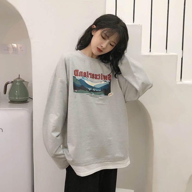 ins超火假兩件衛衣女春秋寬松韓版潮bf慵懶風港味學生復古上衣服-細節圖2