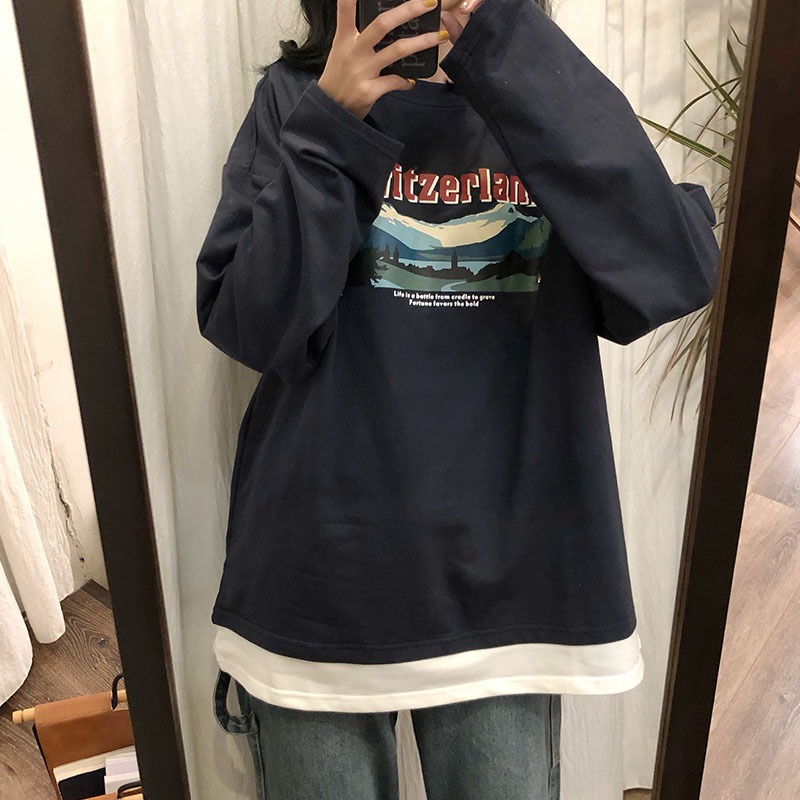 ins超火假兩件衛衣女春秋寬松韓版潮bf慵懶風港味學生復古上衣服-細節圖3