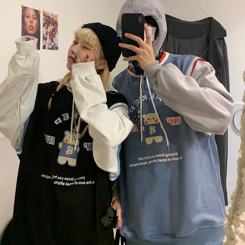 waitmore情侶裝衛衣女冬ins韓版寬松bf慵懶風學生加絨連帽上衣服-細節圖3
