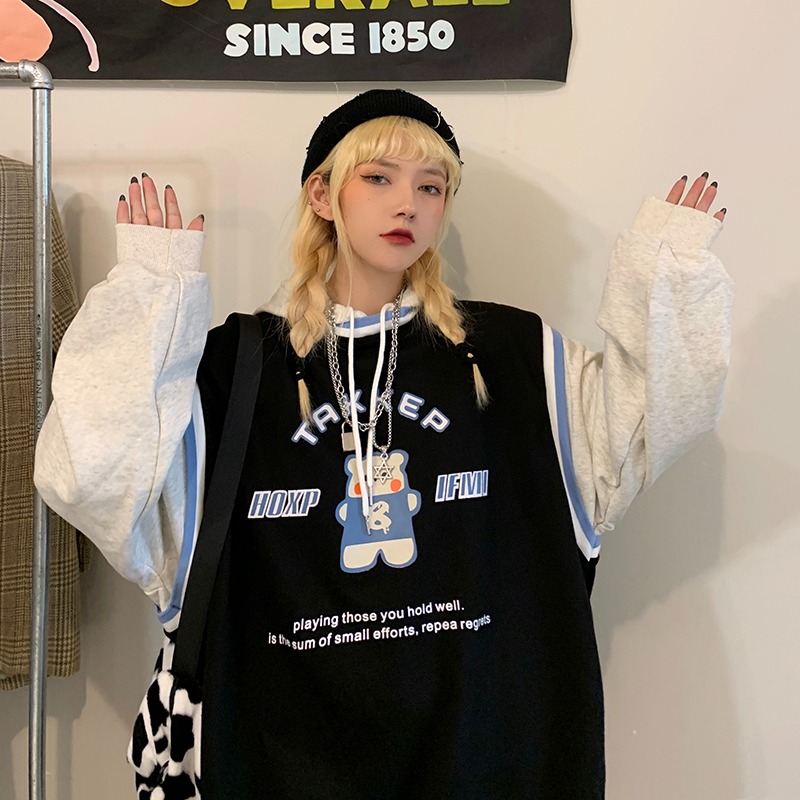 waitmore情侶裝衛衣女冬ins韓版寬松bf慵懶風學生加絨連帽上衣服-細節圖5