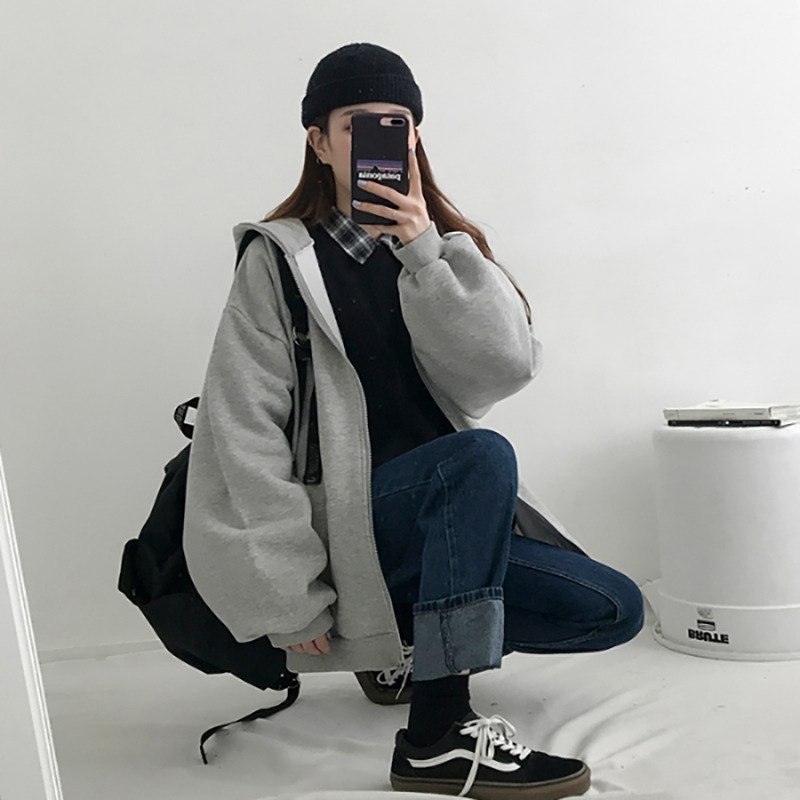 超火cec外套女秋冬季ins韓版寬松bf慵懶風加絨加厚拉鏈連帽上衣服-細節圖2