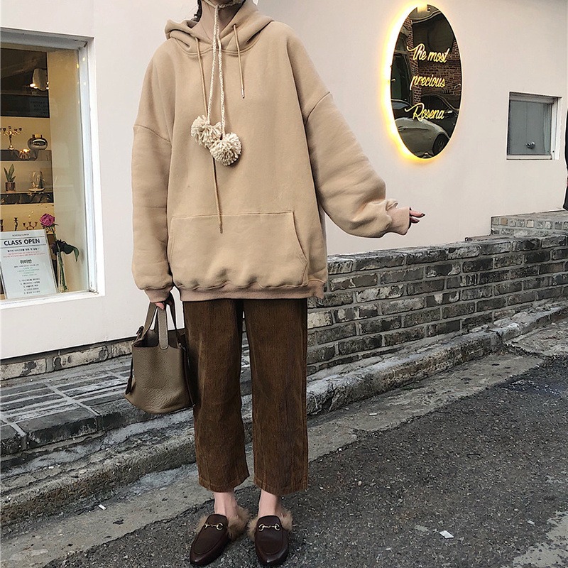 灰色衛衣女秋冬寬松韓版ins潮bf慵懶風加絨加厚waitmore外套上衣-細節圖4