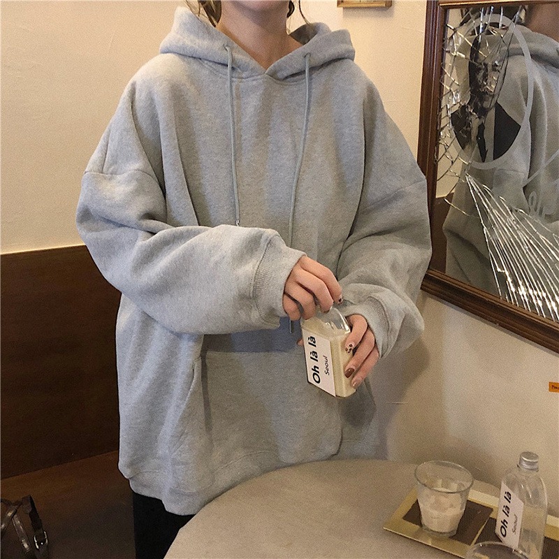 灰色衛衣女秋冬寬松韓版ins潮bf慵懶風加絨加厚waitmore外套上衣-細節圖5