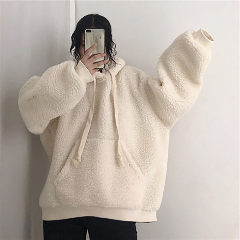 waitmore羊羔絨衛衣女冬韓版寬松連帽bf慵懶風加絨加厚外套上衣服-細節圖2