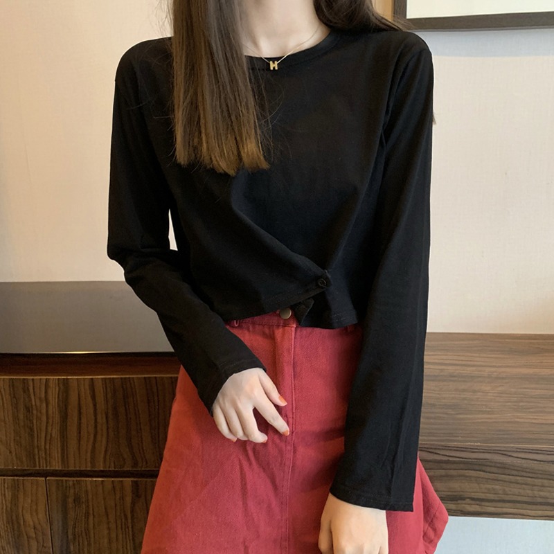 chic港味設計感長袖t恤女春秋韓版寬松ins原宿風bf短款高腰打底衫-細節圖3