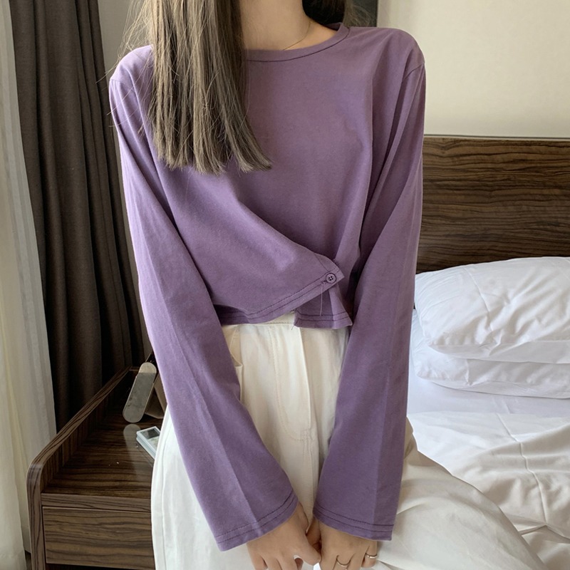 chic港味設計感長袖t恤女春秋韓版寬松ins原宿風bf短款高腰打底衫-細節圖4
