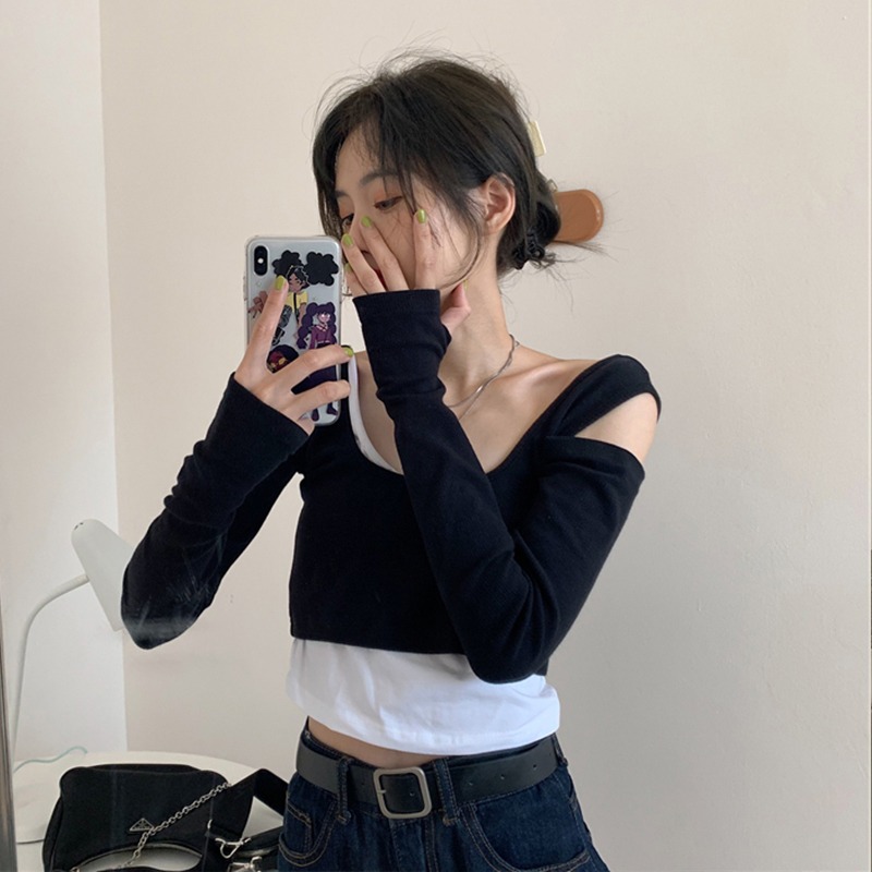 設計感小眾心機長袖t恤女春秋韓版緊身顯瘦假兩件洋氣內搭打底衫-細節圖2