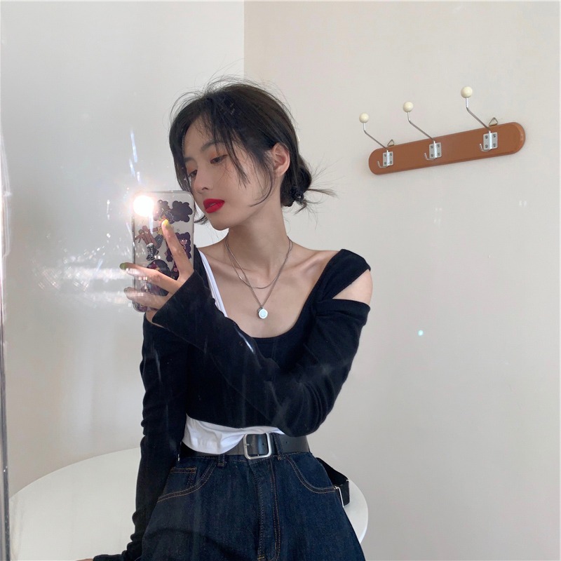 設計感小眾心機長袖t恤女春秋韓版緊身顯瘦假兩件洋氣內搭打底衫-細節圖4