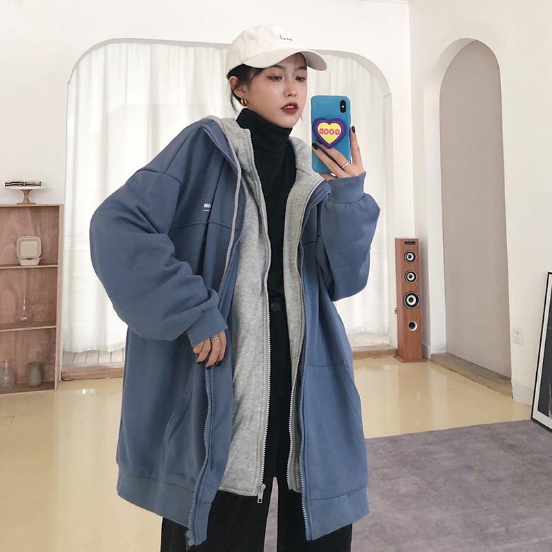 潮牌ulzzang炸街外套女秋冬加絨加厚寬松韓版ins潮鹽系假兩件上衣-細節圖5