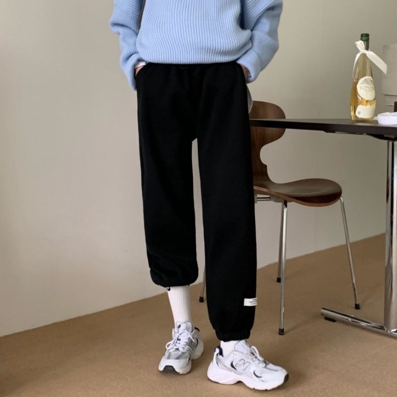 加厚加絨運動褲女秋冬韓版百搭寬松衛褲高腰束腳直筒九分哈倫褲子-細節圖4