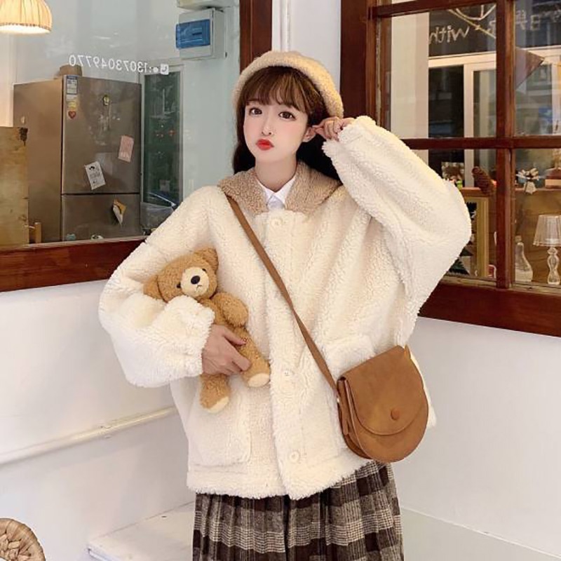 waitmore羊羔絨衛衣女冬ins韓版潮慵懶風日系可愛熊耳朵加厚外套-細節圖4