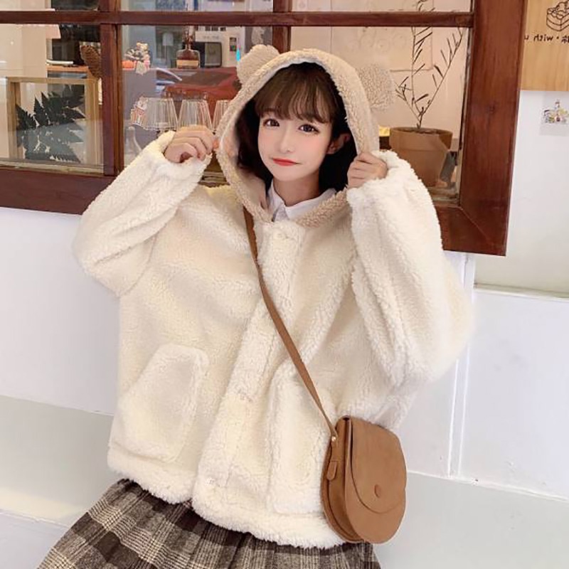 waitmore羊羔絨衛衣女冬ins韓版潮慵懶風日系可愛熊耳朵加厚外套-細節圖5