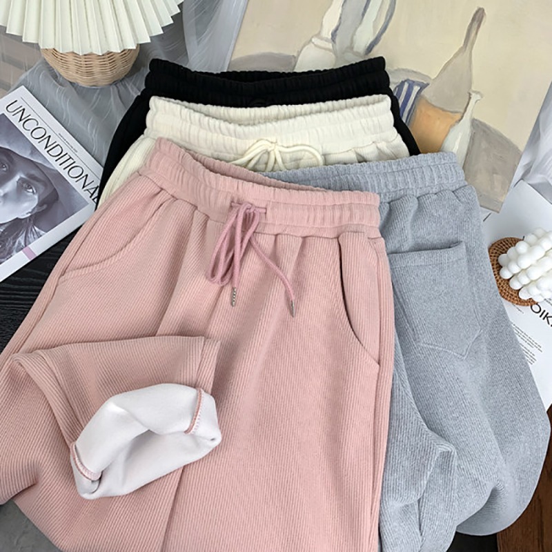 秋冬季燈芯絨闊腿褲女韓版高腰顯瘦直筒休閑褲寬松加絨保暖運動褲-細節圖2