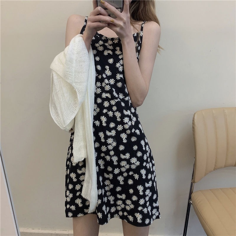 夏季新款裙子復古仙女法式小雛菊連衣裙女氣質收腰顯瘦吊帶裙-細節圖2