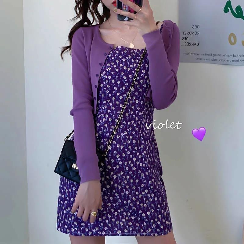 紫色裙子仙女超仙森系夏梗桔裙碎花初戀裙吊帶性感氣質連衣裙-細節圖2