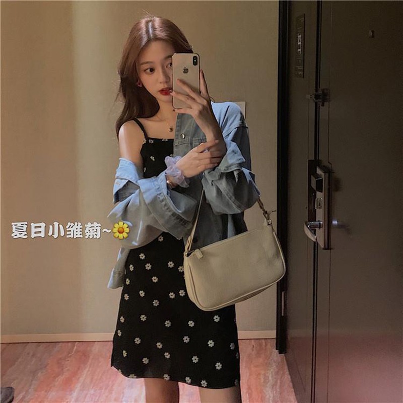 法式復古新款連衣裙女夏季小雛菊吊帶裙子洋氣質黑色A字短裙-細節圖2