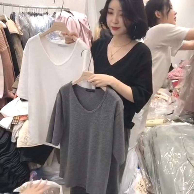 chic港味v領短袖t恤女ins潮寬松韓版bf原宿風學生百搭半袖上衣服-細節圖2